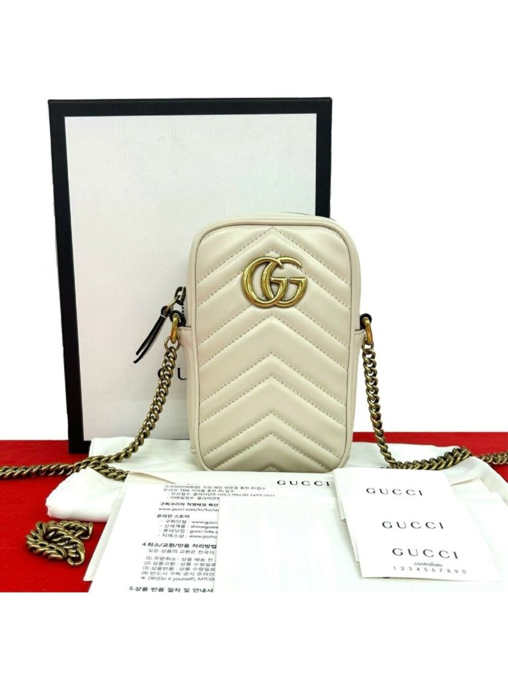 Gucci GG Marmont Logo Leather Chain Mini Shoulder Bag Pochette Ivory